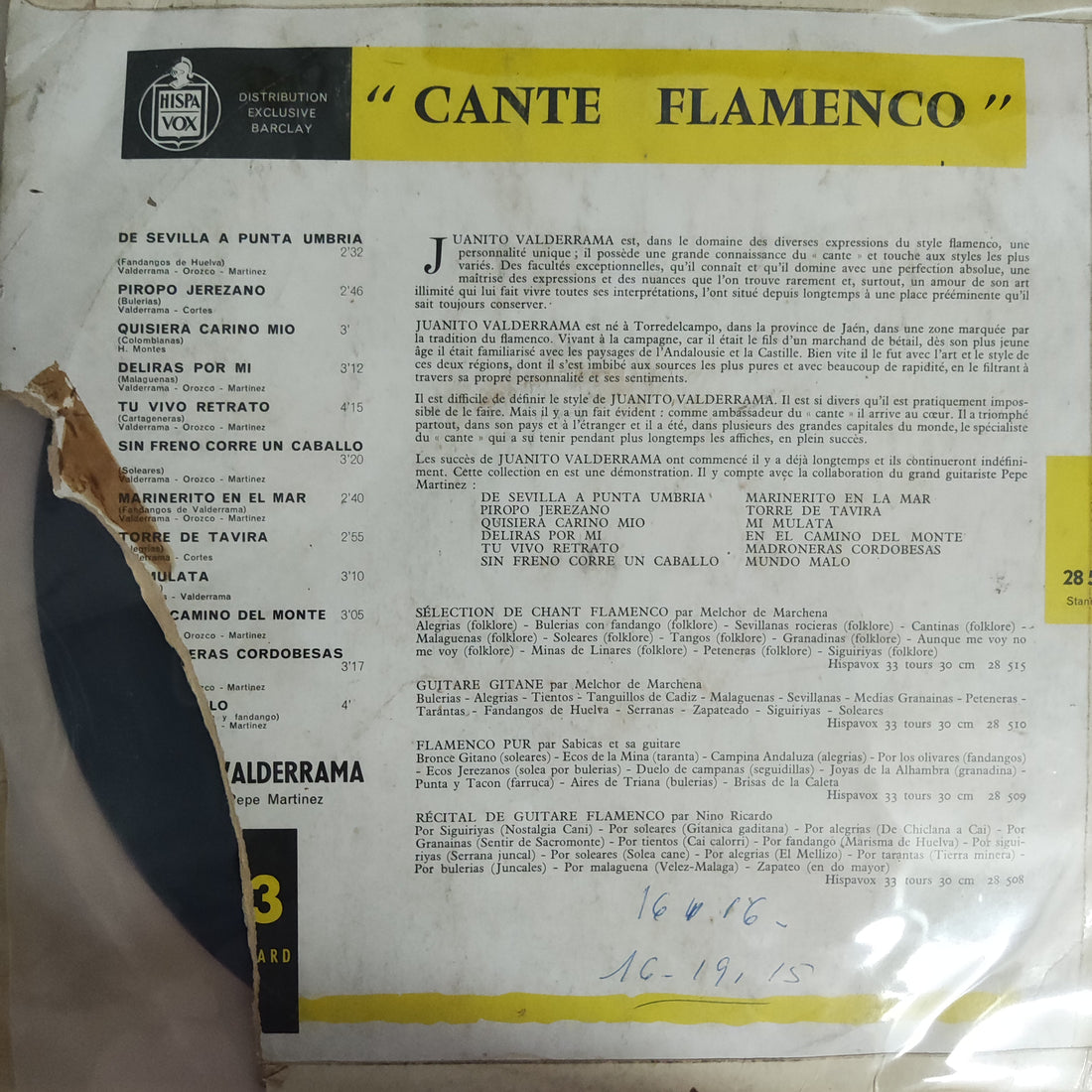 แผ่นเสียง Juanito Valderrama - Cante Flamenco Vinyl VG