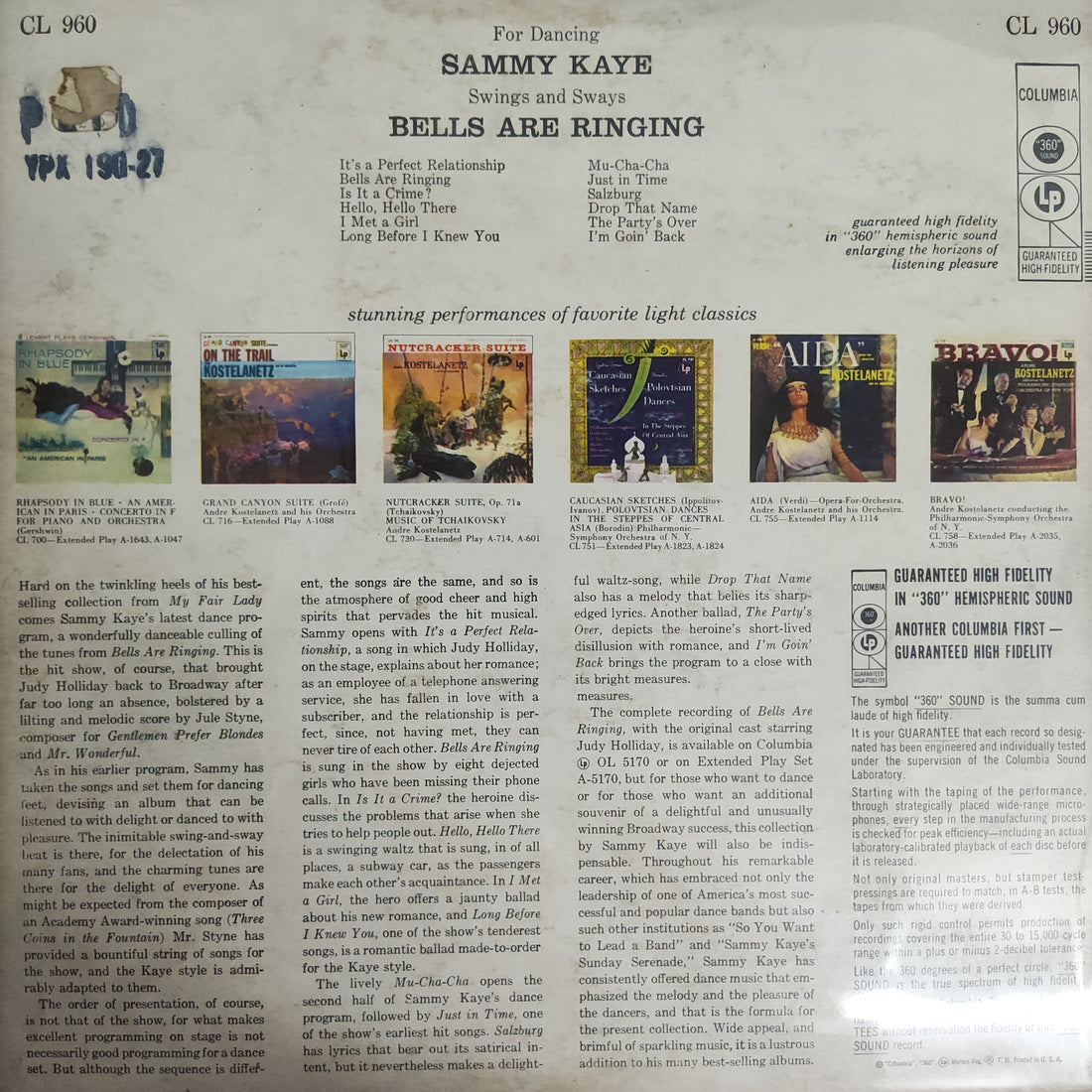 แผ่นเสียง Sammy Kaye - Bells Are Ringing Vinyl VG+
