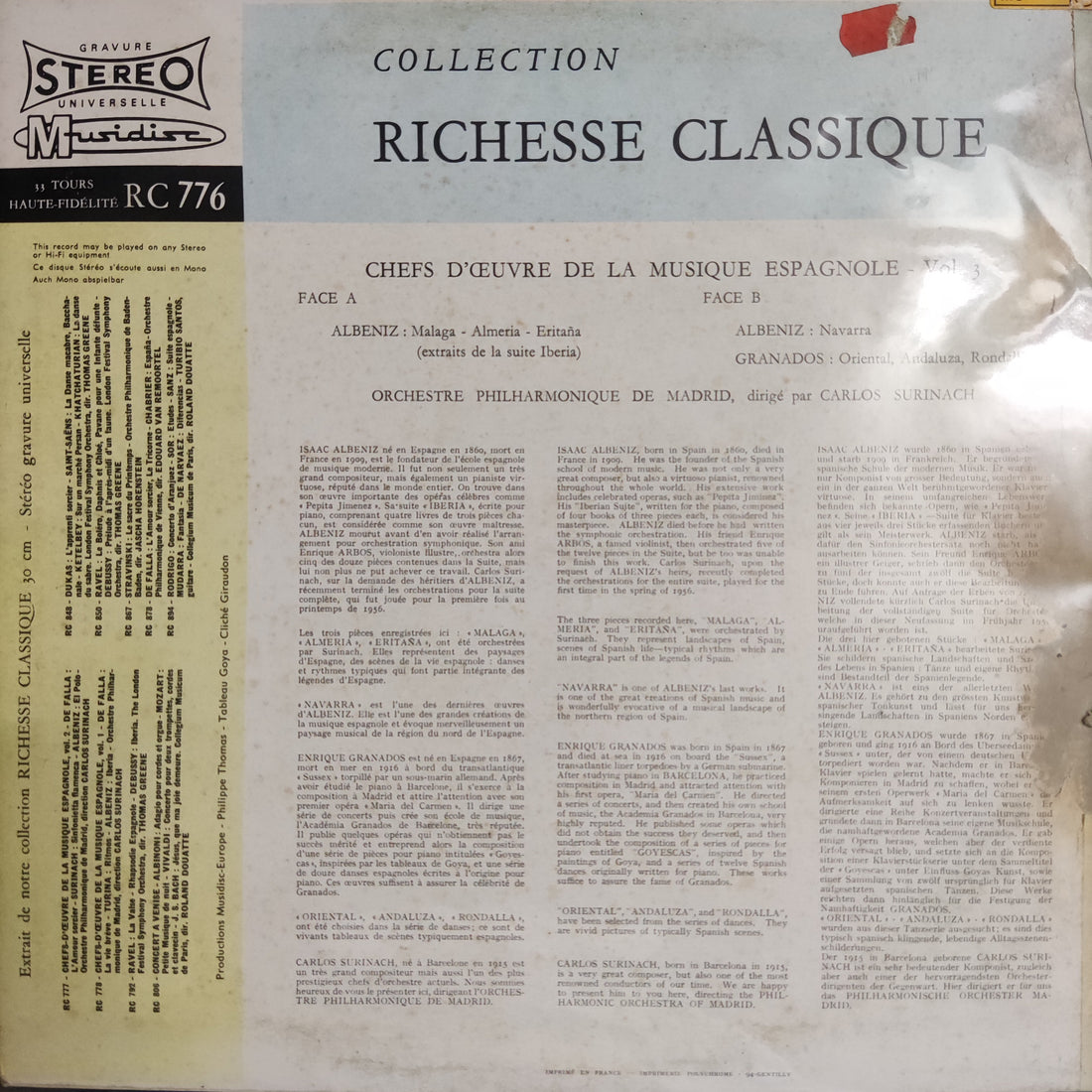 แผ่นเสียง Orchestre Philharmonique de Madrid, Carlos Surinach, Isaac Albéniz, Enrique Granados – Chefs D'Oeuvre De La Musique Espagnole - Vol.3 Vinyl VG+