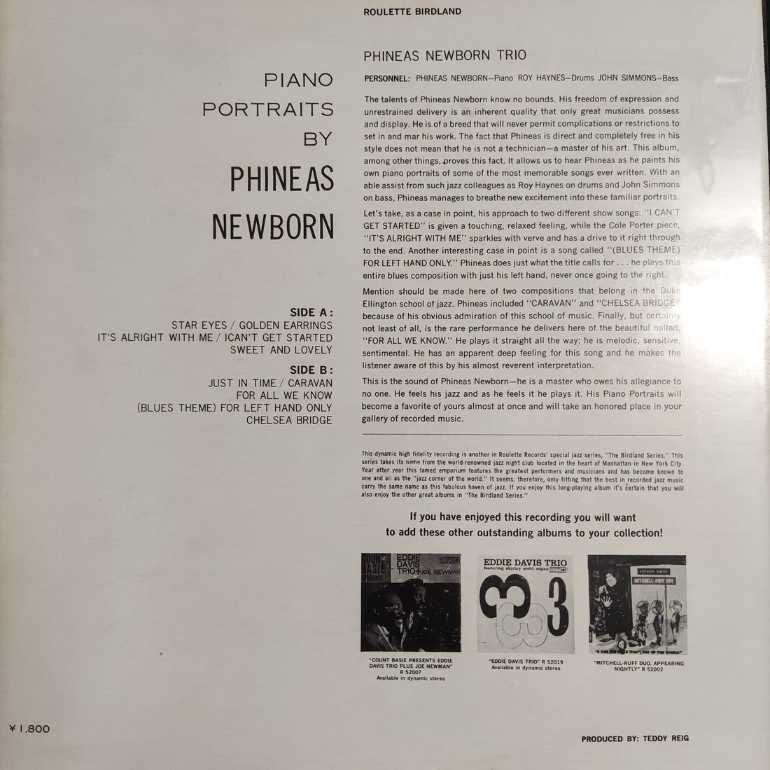 แผ่นเสียง Phineas Newborn Trio - Piano Portraits By Phineas Newborn Vinyl VG+