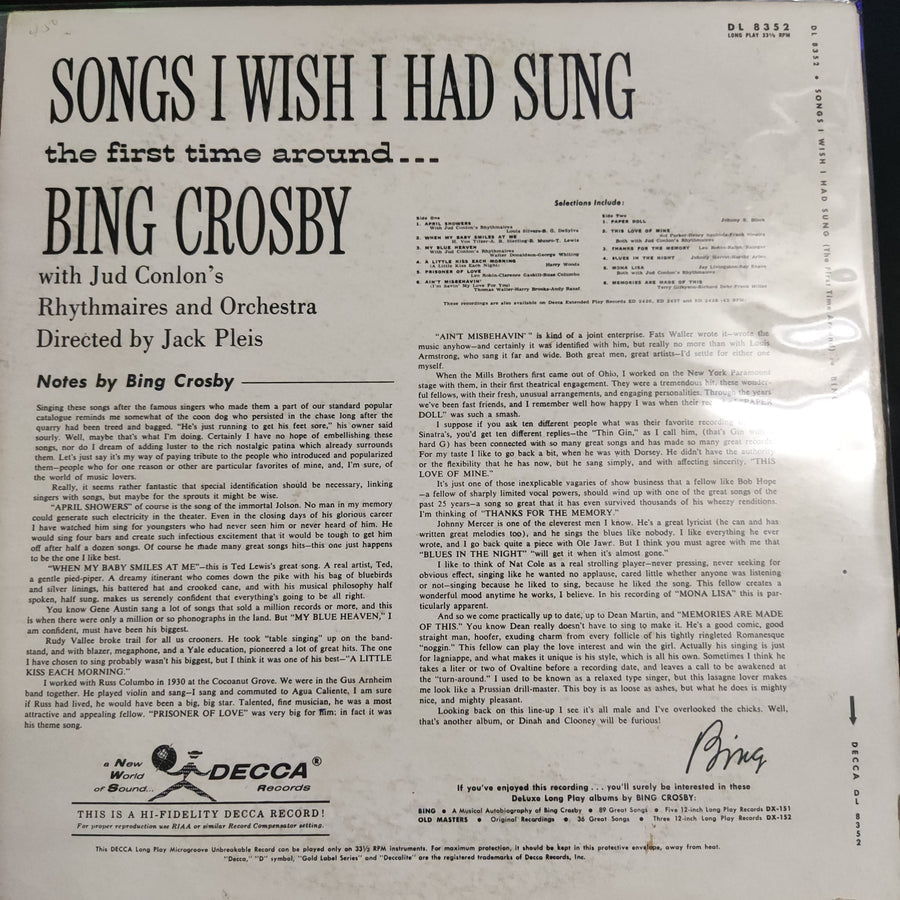 แผ่นเสียง Bing Crosby With Jud Conlon's Rhythmaires And Orchestra - Songs I Wish I Had Sung The First Time Around Vinyl VG
