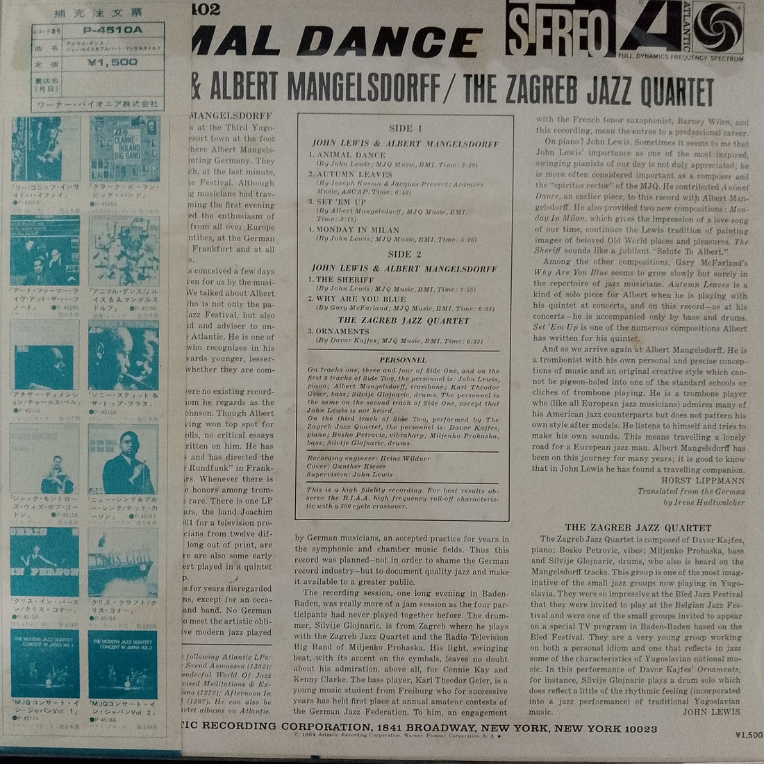 แผ่นเสียง John Lewis & Albert Mangelsdorff & Zagrebački Jazz Kvartet - Animal Dance Vinyl VG+