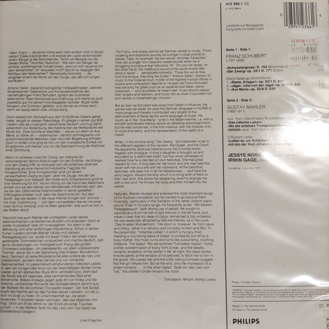 แผ่นเสียง Jessye Norman, Irwin Gage - Franz Schubert • Gustav Mahler - Lieder • Songs Vinyl VG+