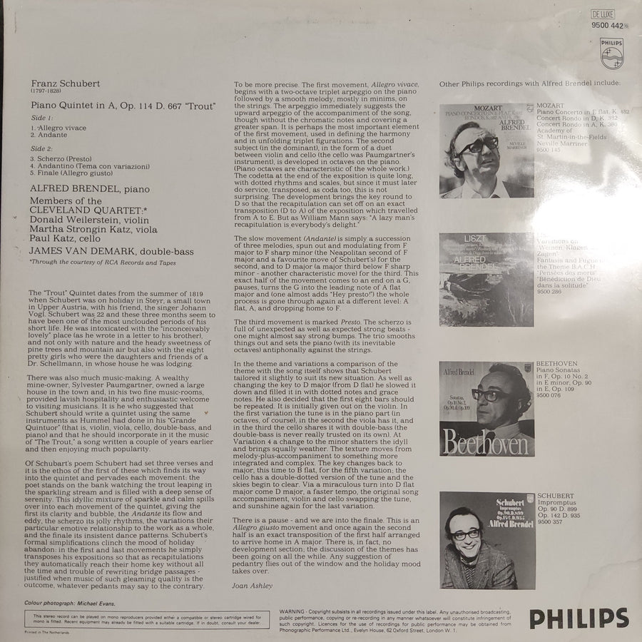 แผ่นเสียง Franz Schubert - Alfred Brendel, Members Of The Cleveland Quartet, James VanDemark - Piano Quintet, Op. 114 "Trout" Vinyl VG+