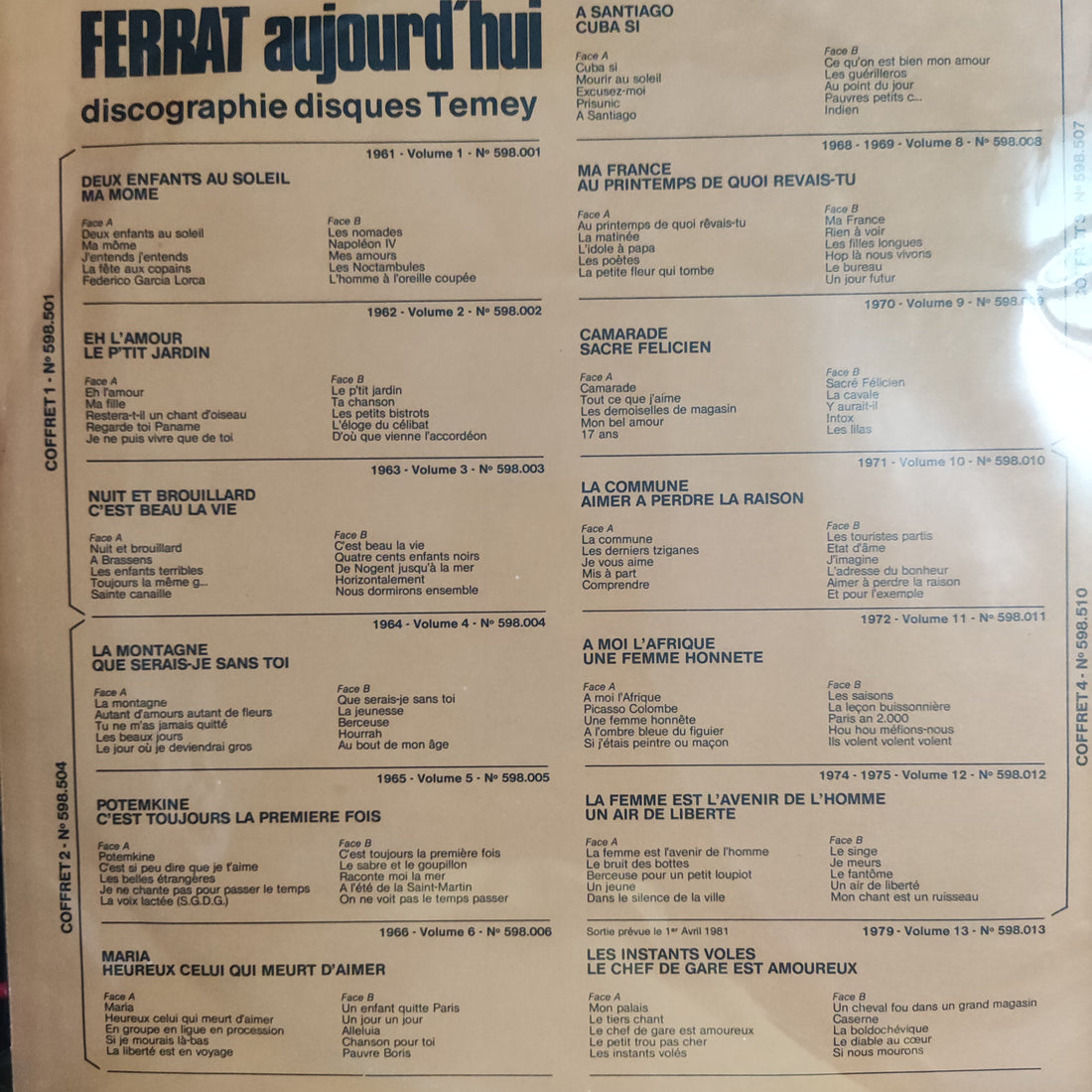 แผ่นเสียง Jean Ferrat - Table Alphabetique Des Chansons Enregistrees Par Vinyl VG+