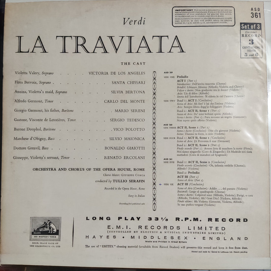 แผ่นเสียง Tullio Serafin - Verdi La Traviata Victoria De Los Angeles Carlo Del Monte Mario Sereni Vinyl VG+