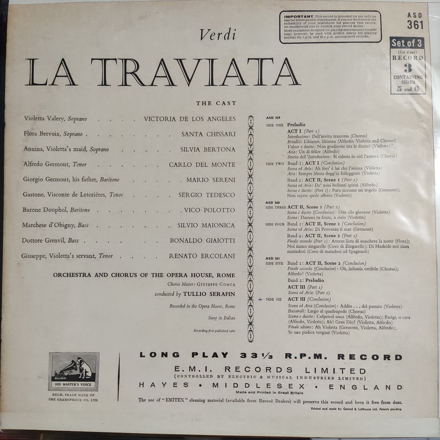 แผ่นเสียง Tullio Serafin - Verdi La Traviata Victoria De Los Angeles Carlo Del Monte Mario Sereni Vinyl VG+