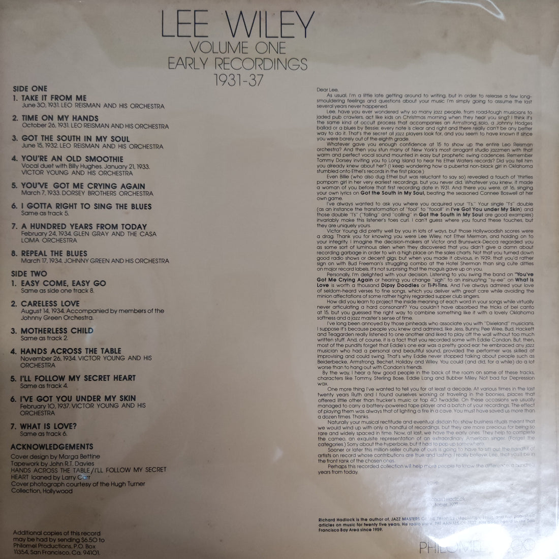 แผ่นเสียง Lee Wiley - Early Recordings 1931-37 Vinyl VG+