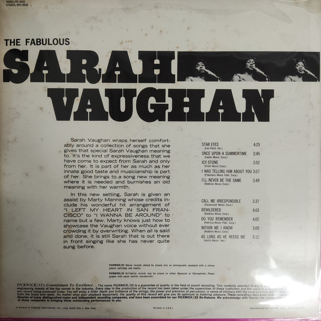 แผ่นเสียง Sarah Vaughan - The Fabulous Sarah Vaughan Vinyl VG+