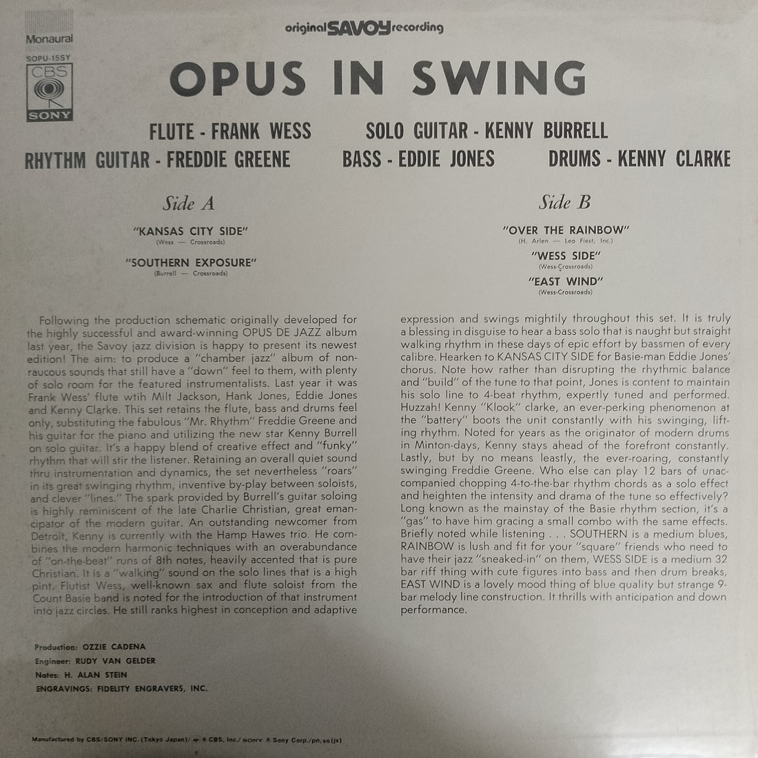แผ่นเสียง Frank Wess, Kenny Burrell, Freddie Green, Eddie Jones, Kenny Clarke - Opus In Swing Vinyl VG+