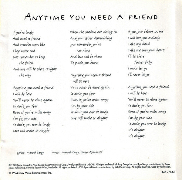Mariah Carey : Anytime You Need A Friend (CD, Maxi, No.)