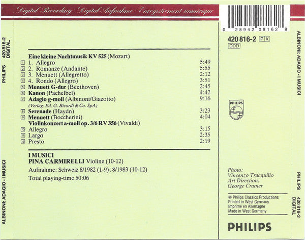 Tomaso Albinoni, Luigi Boccherini, Johann Pachelbel, Joseph Haydn, Wolfgang Amadeus Mozart, Ludwig van Beethoven, I Musici : Adagio (CD, Album, RE)