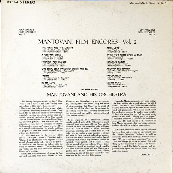 Mantovani And His Orchestra : Film Encores Vol. 2 (LP)