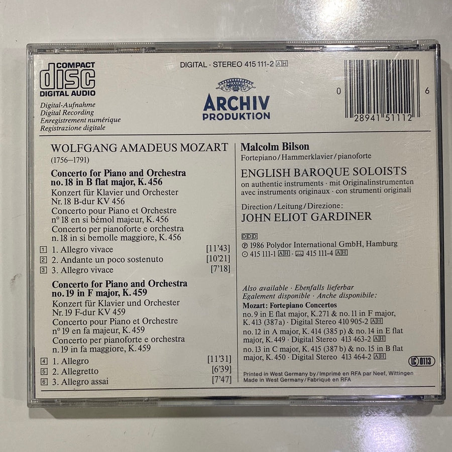 ซีดี Wolfgang Amadeus Mozart – Malcolm Bilson, The English Baroque Soloists, John Eliot Gardiner - Piano Concertos Nos.18 & 19 = Klavierkonzerte = Concertos Pour Piano K.456 & K.459 (CD) (NM or M-)