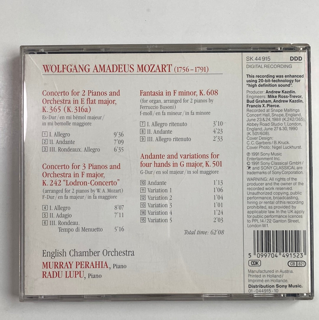 ซีดี Wolfgang Amadeus Mozart / English Chamber Orchestra, Murray Perahia, Radu Lupu - Concertos For Two & Three Pianos - Andante And Variations For Four Hands In C Major, K. 501 - Fantasia In F Minor, K. 608 (CD) (VG+)